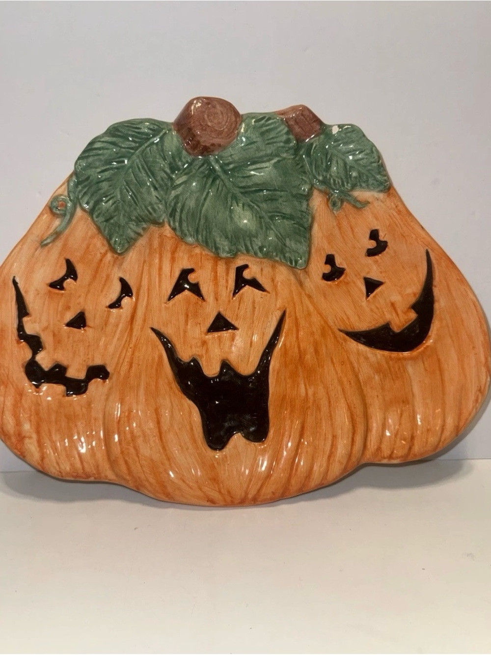 Halloween Pumpkin Jack O Lantern 3D Leaves Stem Fall Decor Vintage as is